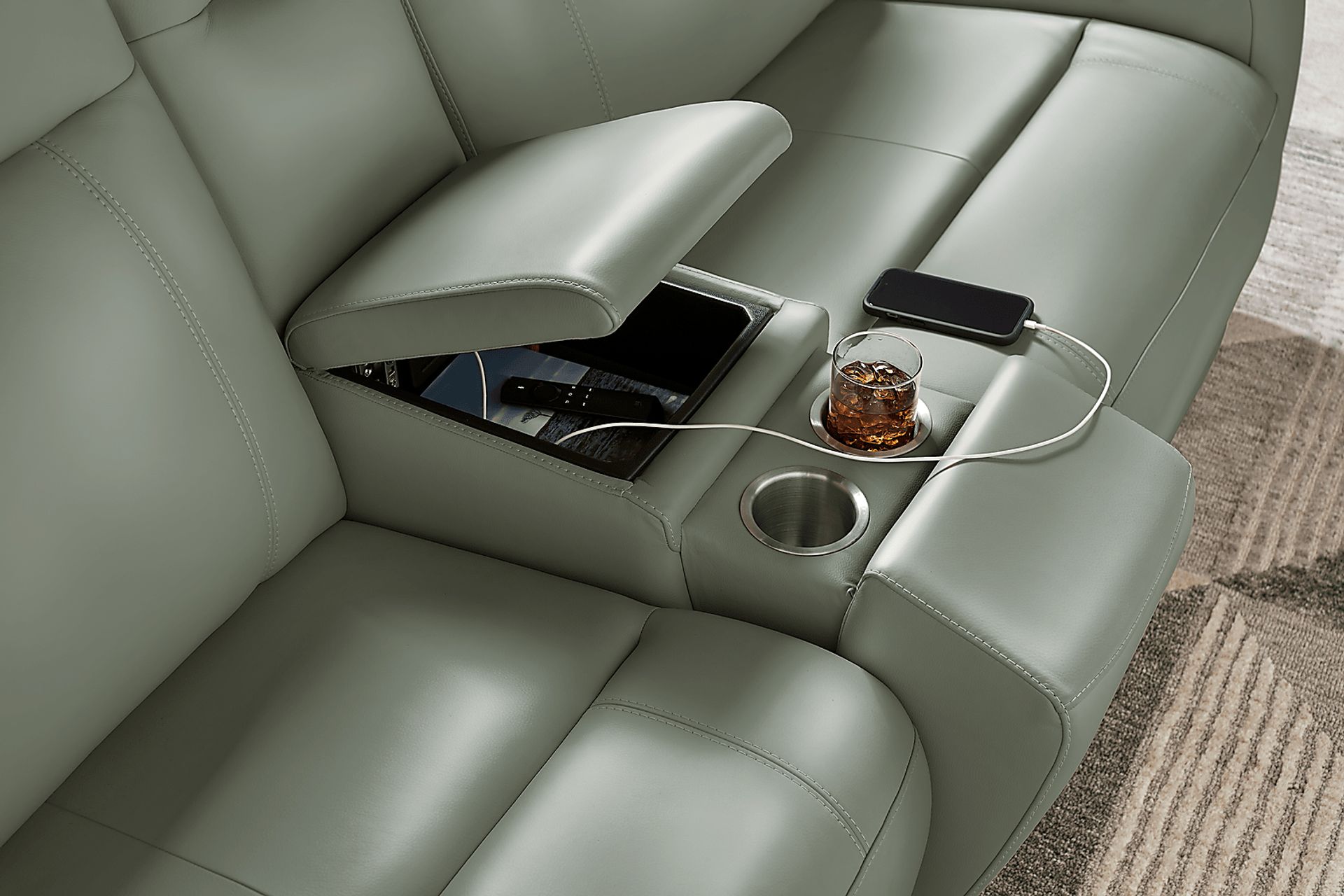 Newport Mint Leather 6 Pc Dual Power Reclining Sectional - Image 4