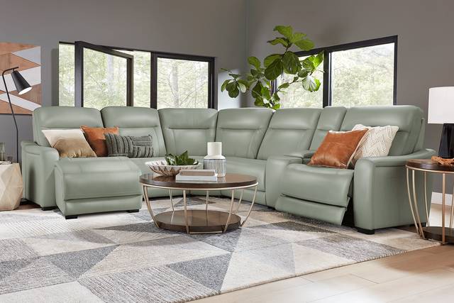 Newport Mint Leather 6 Pc Dual Power Reclining Sectional - Thumbnail - Image 2