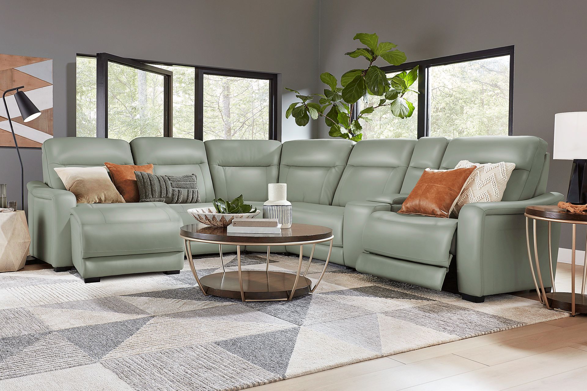 Newport Mint Leather 6 Pc Dual Power Reclining Sectional - Image 2