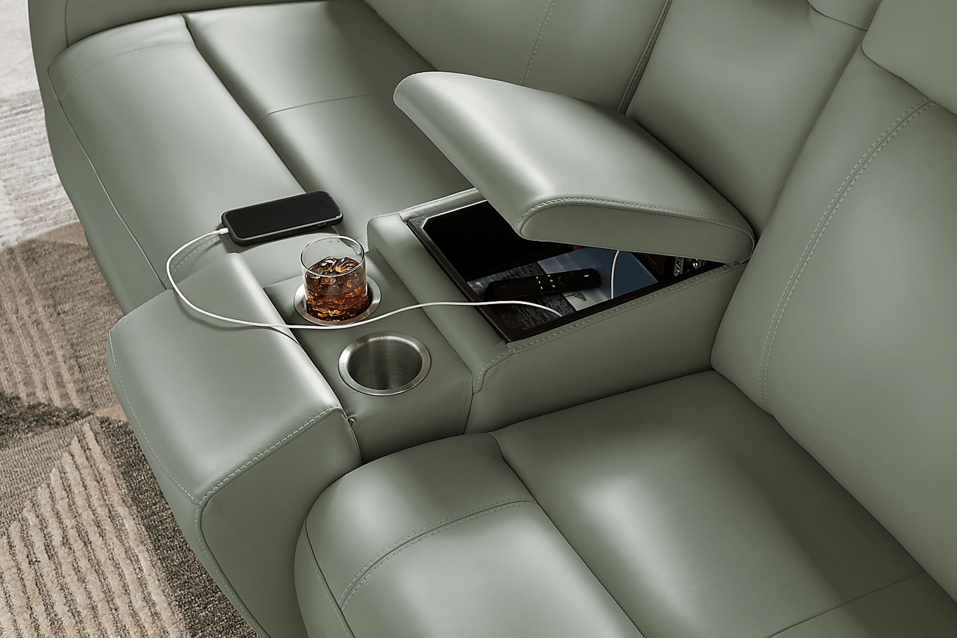 Newport Mint Leather 6 Pc Dual Power Reclining Sectional - Image 4