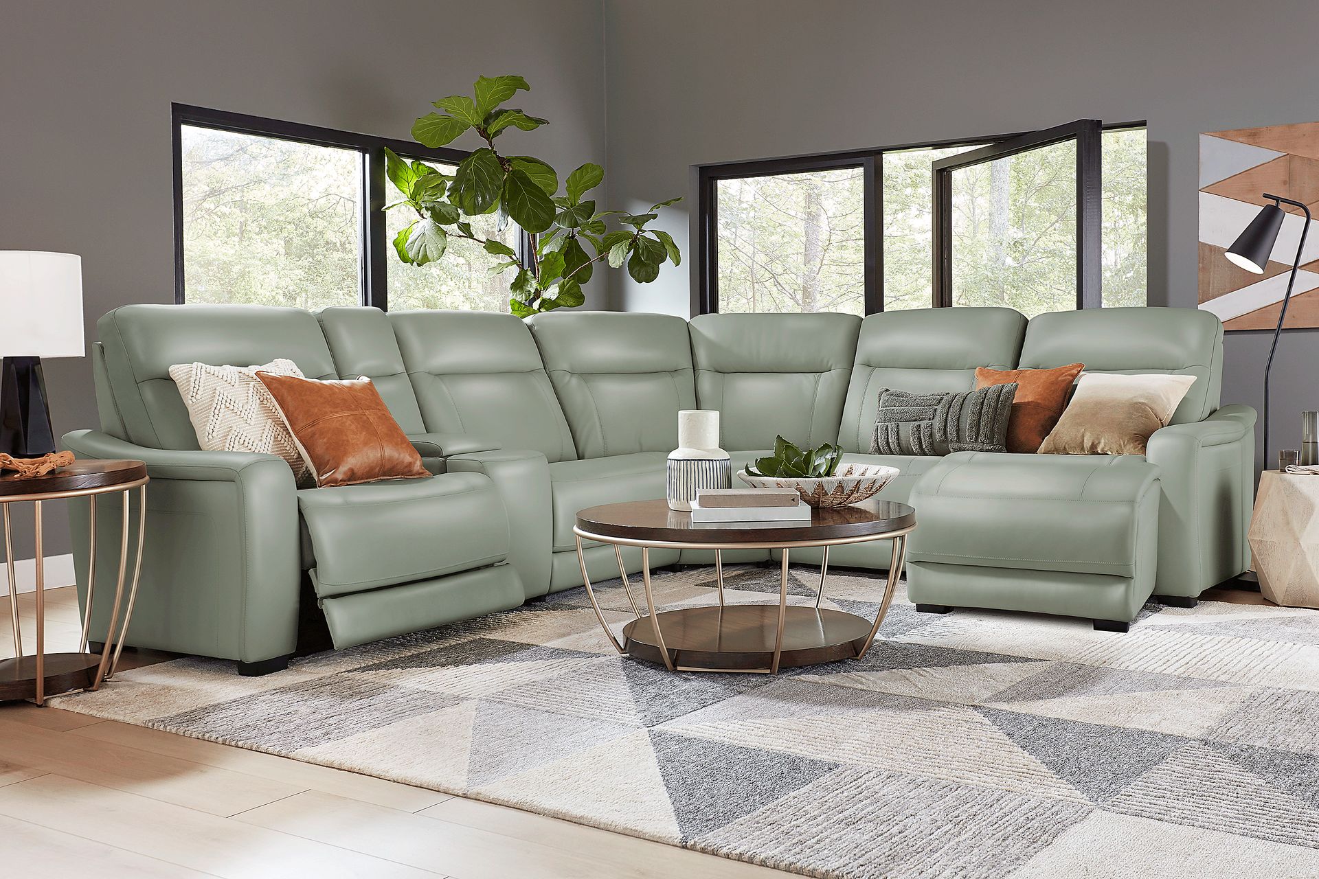 Newport Mint Leather 6 Pc Dual Power Reclining Sectional - Image 2