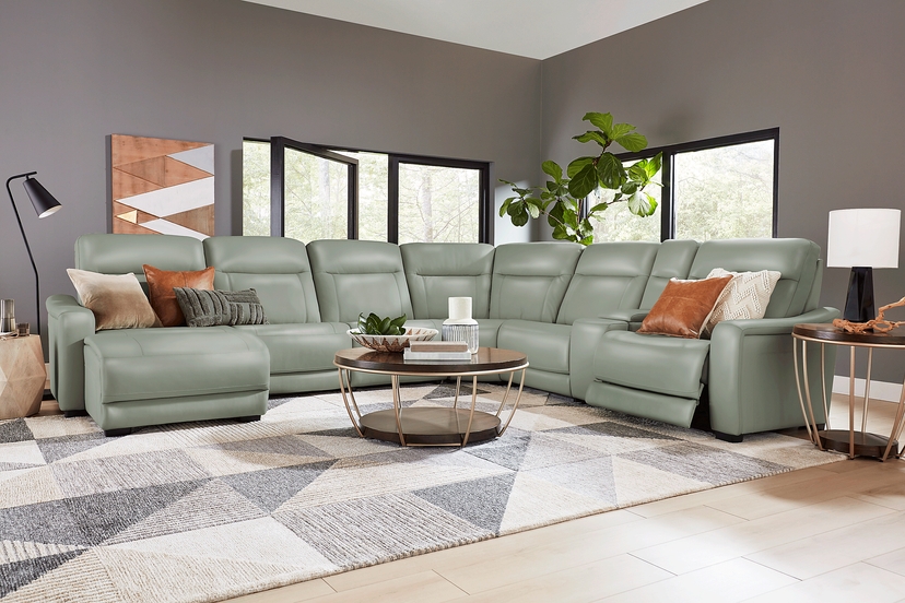 Newport Mint Leather 7 Pc Dual Power Reclining Sectional