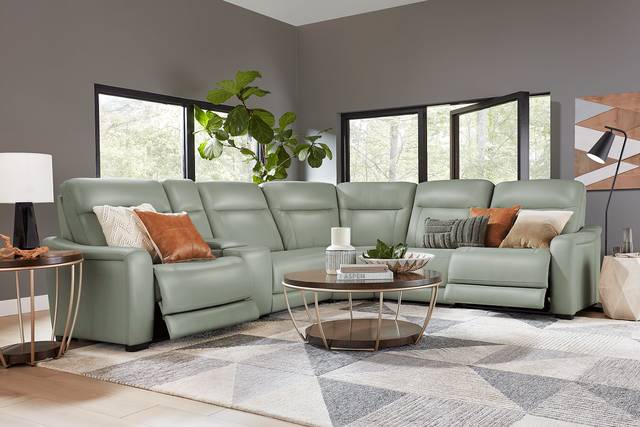 Newport Mint Leather 9 Pc Dual Power Reclining Sectional Living Room - Thumbnail - Image 1