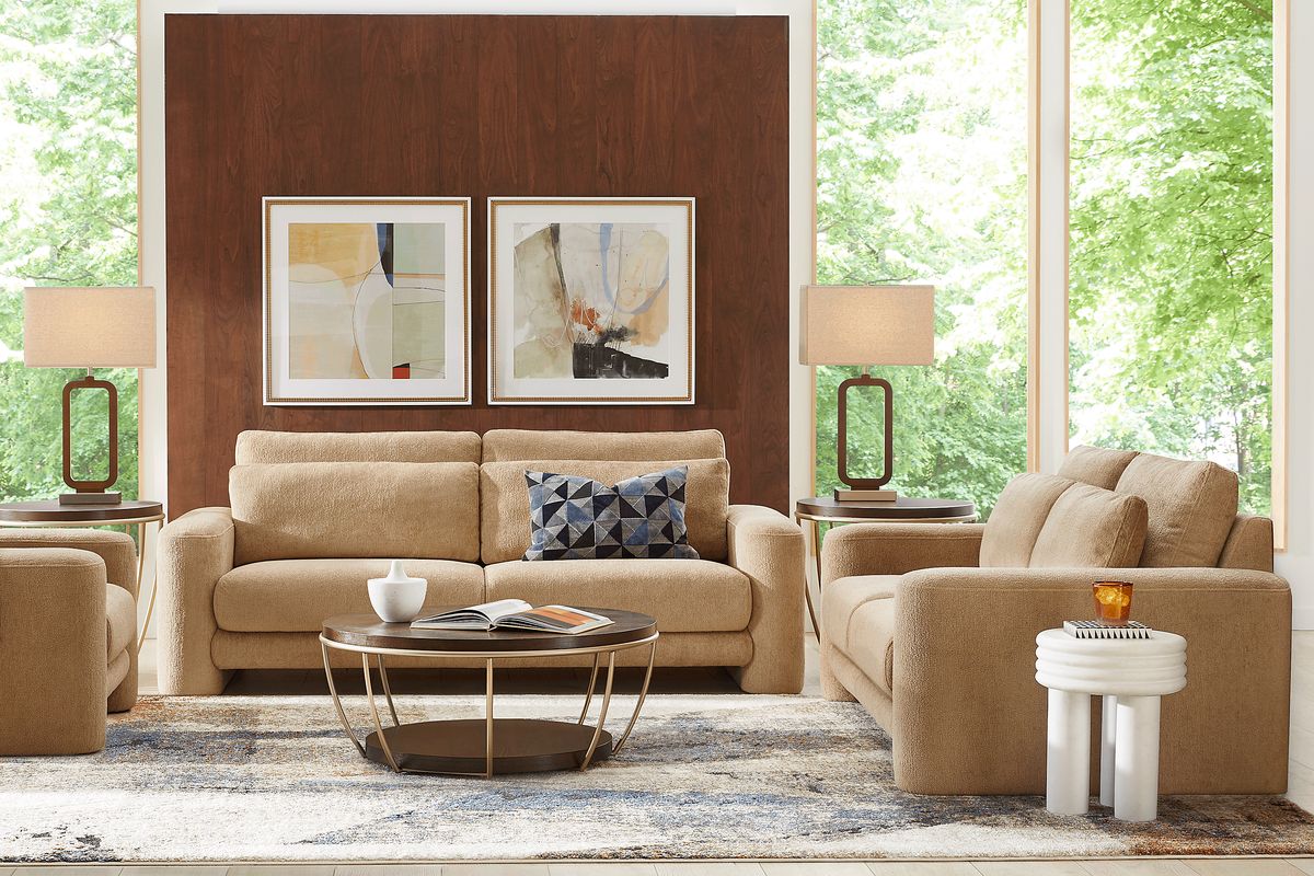 Newton 3 Pc Camel Brown Woven Living Room Set With Sofa, Loveseat ...