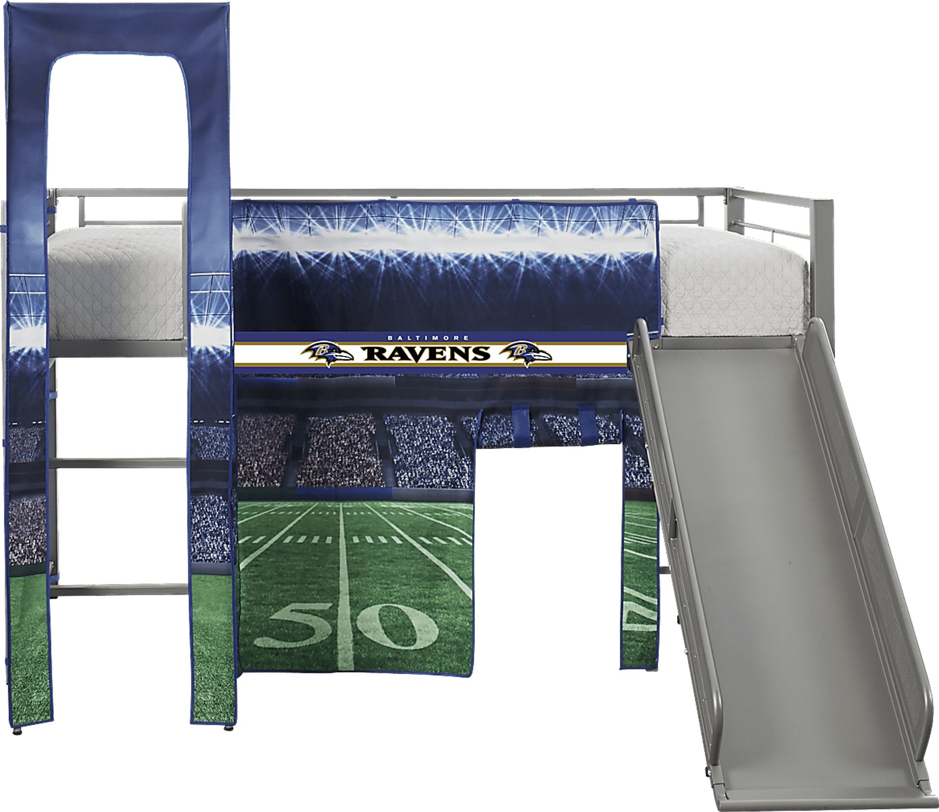 NFL 50 Yards Baltimore Ravens Silver Jr. Tent Loft Bed with Slide and Tower - Image 1