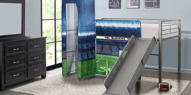NFL 50 Yards Baltimore Ravens Silver Jr. Tent Loft Bed with Slide and Tower - Thumbnail - Image 2