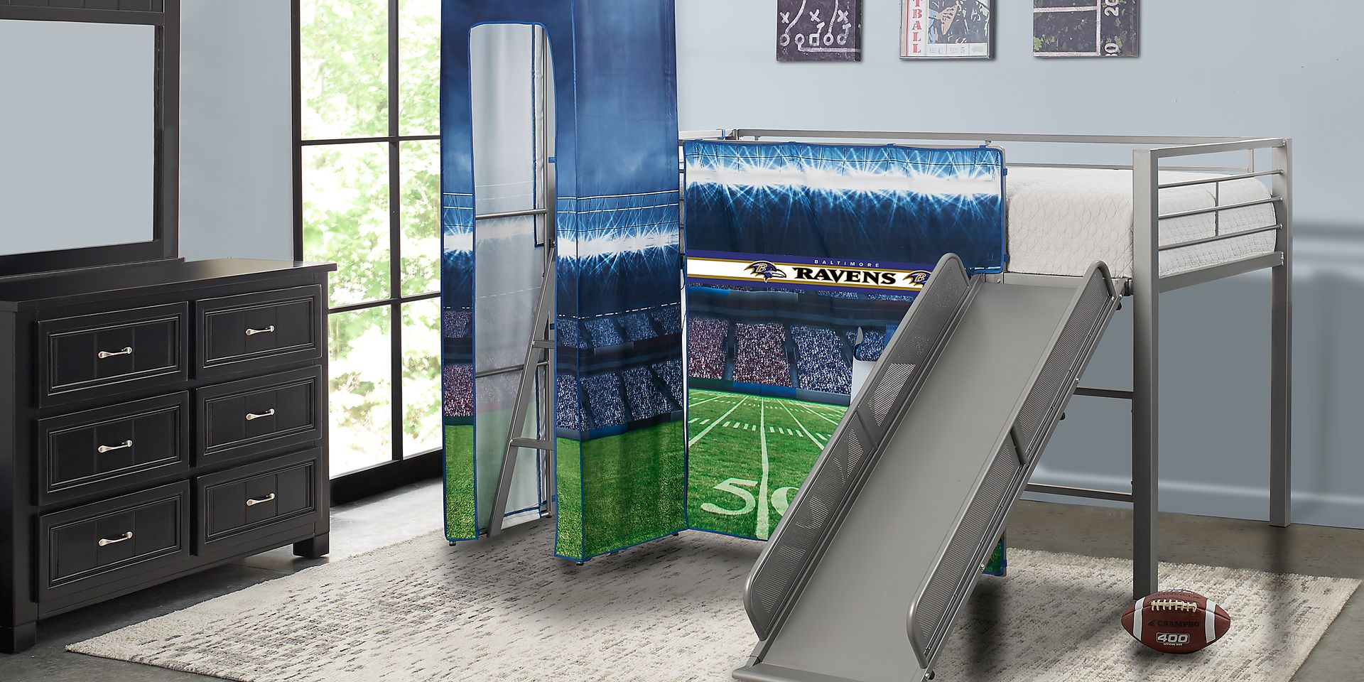 NFL 50 Yards Baltimore Ravens Silver Jr. Tent Loft Bed with Slide and Tower - Image 2