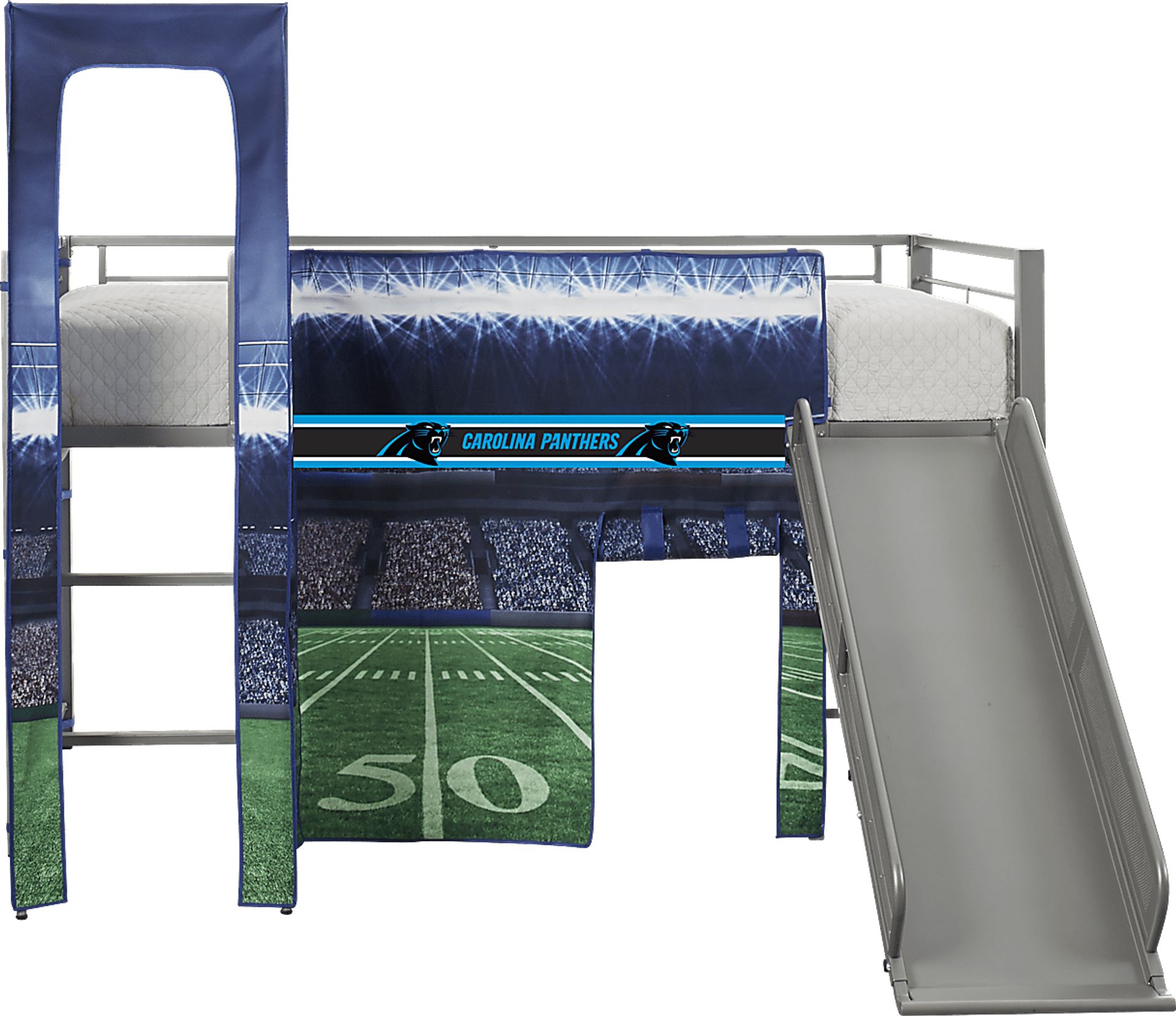 NFL 50 Yards Carolina Panthers Silver Jr. Tent Loft Bed with Slide and Tower - Image 1