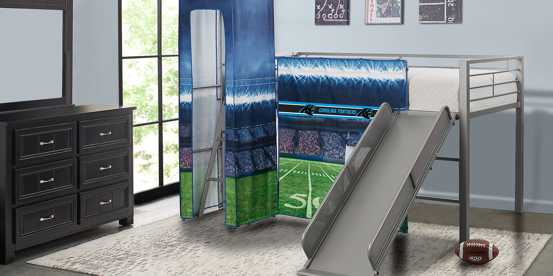 NFL 50 Yards Carolina Panthers Silver Jr. Tent Loft Bed with Slide and Tower - Image 2