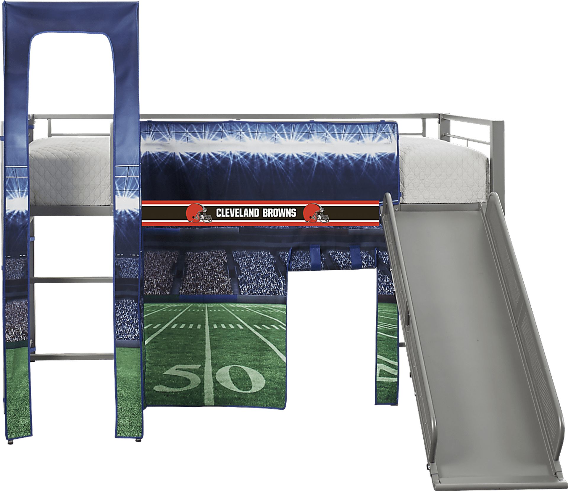NFL 50 Yards Cleveland Browns Silver Jr. Tent Loft Bed with Slide and Tower - Image 1