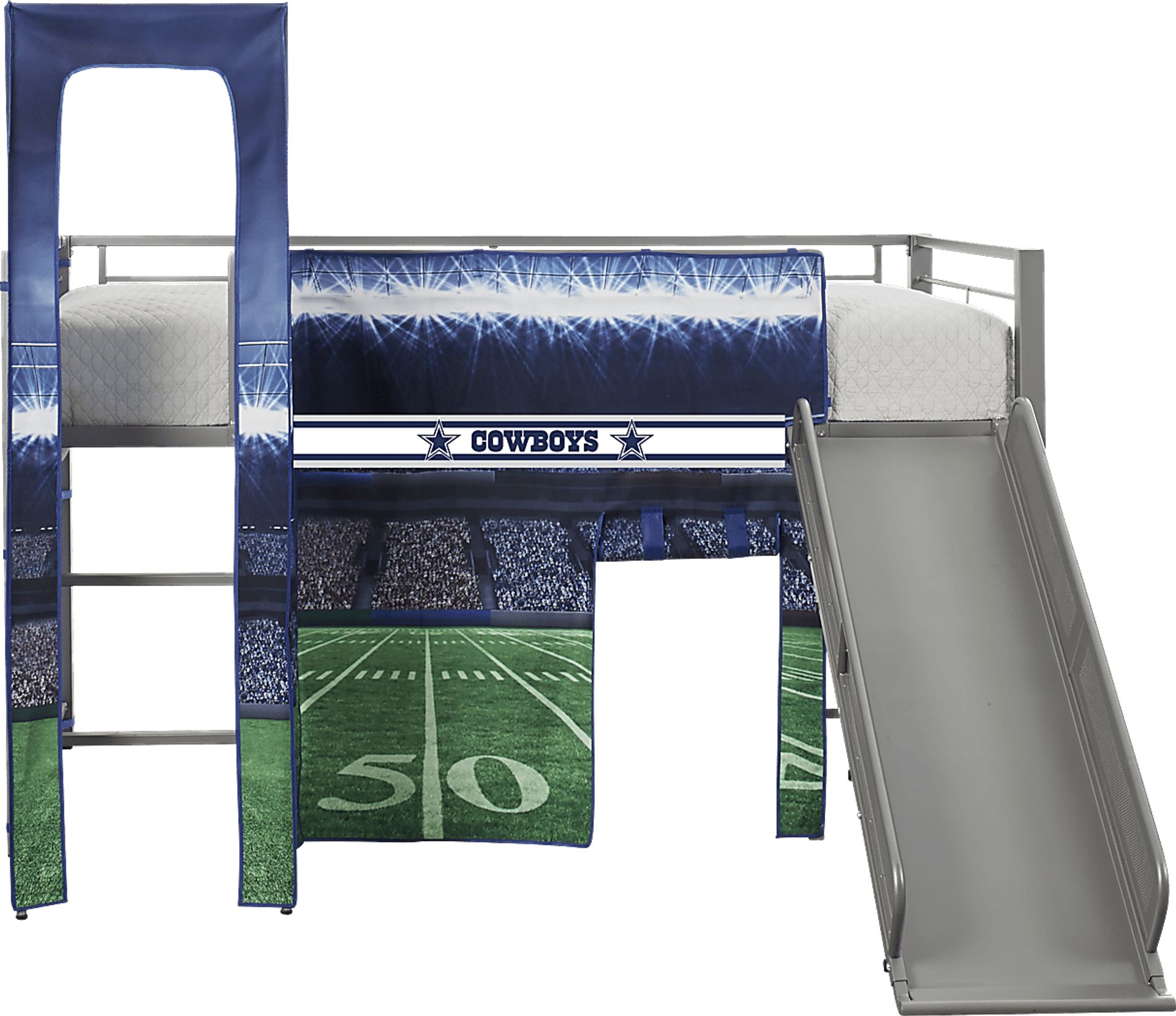 NFL 50 Yards Dallas Cowboys Silver Jr. Tent Loft Bed with Slide and Tower - Image 1
