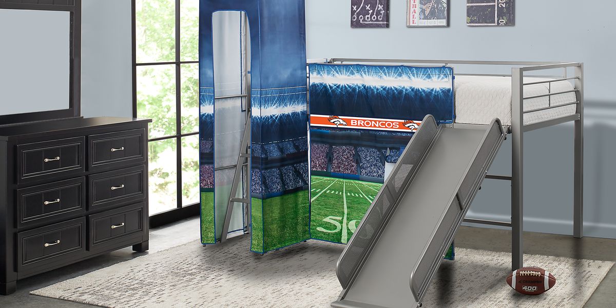 NFL 50 Yards Denver Broncos Silver Jr. Tent Loft Bed with Slide and Tower -  Rooms To Go