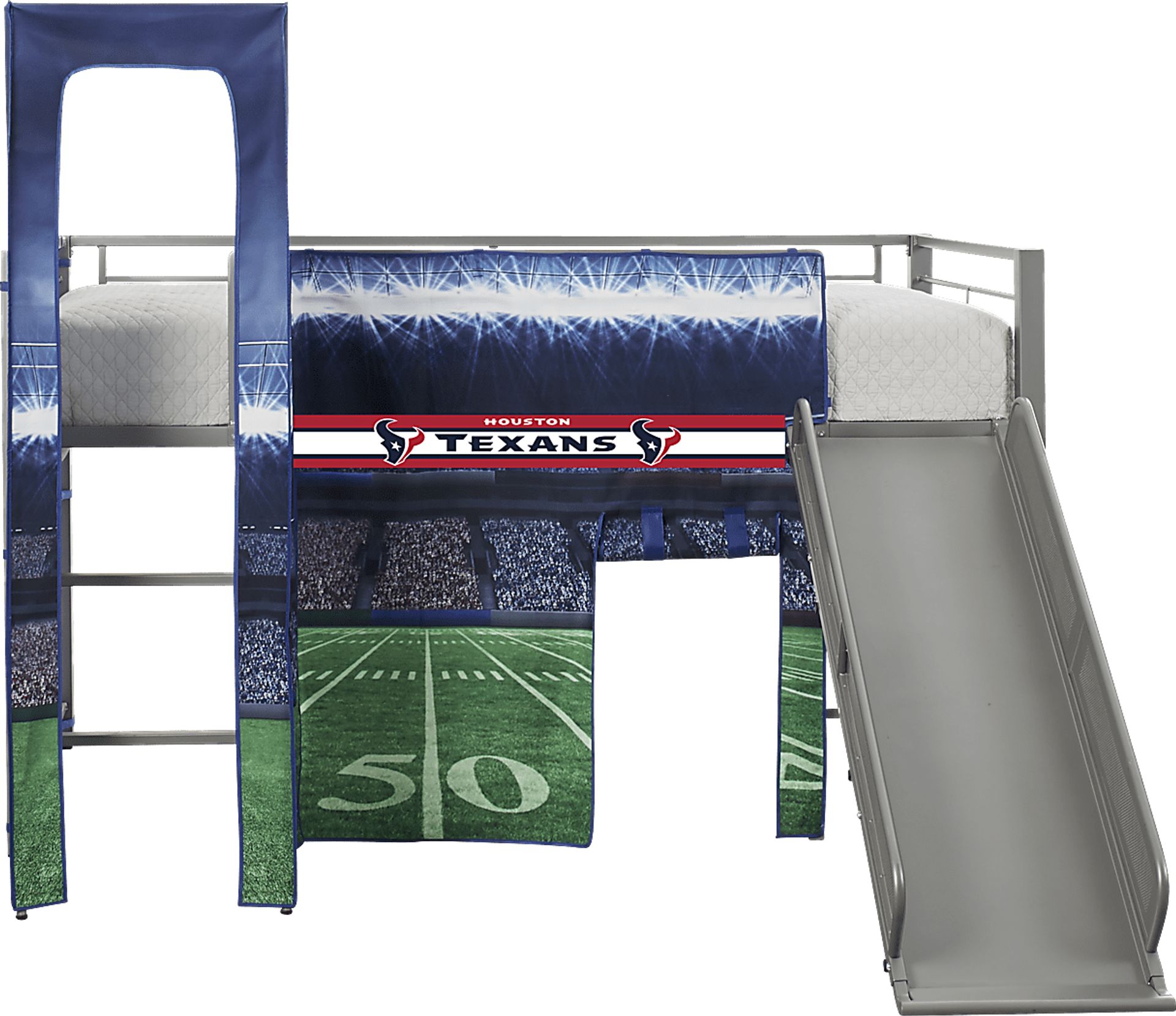 NFL 50 Yards Houston Texans Silver Jr. Tent Loft Bed with Slide and Tower - Image 1