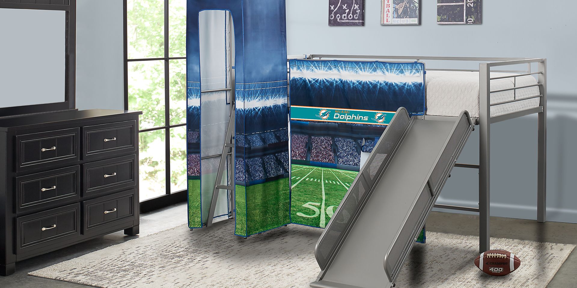 NFL 50 Yards Miami Dolphins Silver Jr. Tent Loft Bed with Slide and Tower - Image 2