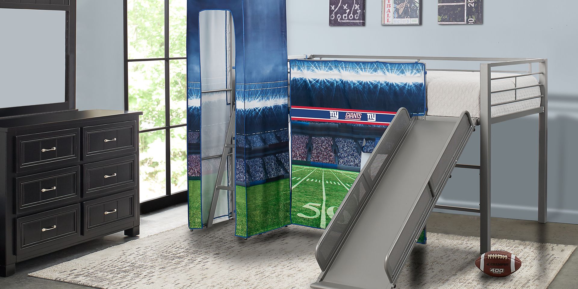 NFL 50 Yards New York Giants Silver Jr. Tent Loft Bed with Slide and Tower - Image 2