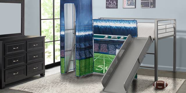 NFL 50 Yards Philadelphia Eagles Silver Jr. Tent Loft Bed with Slide and Tower - Thumbnail - Image 2