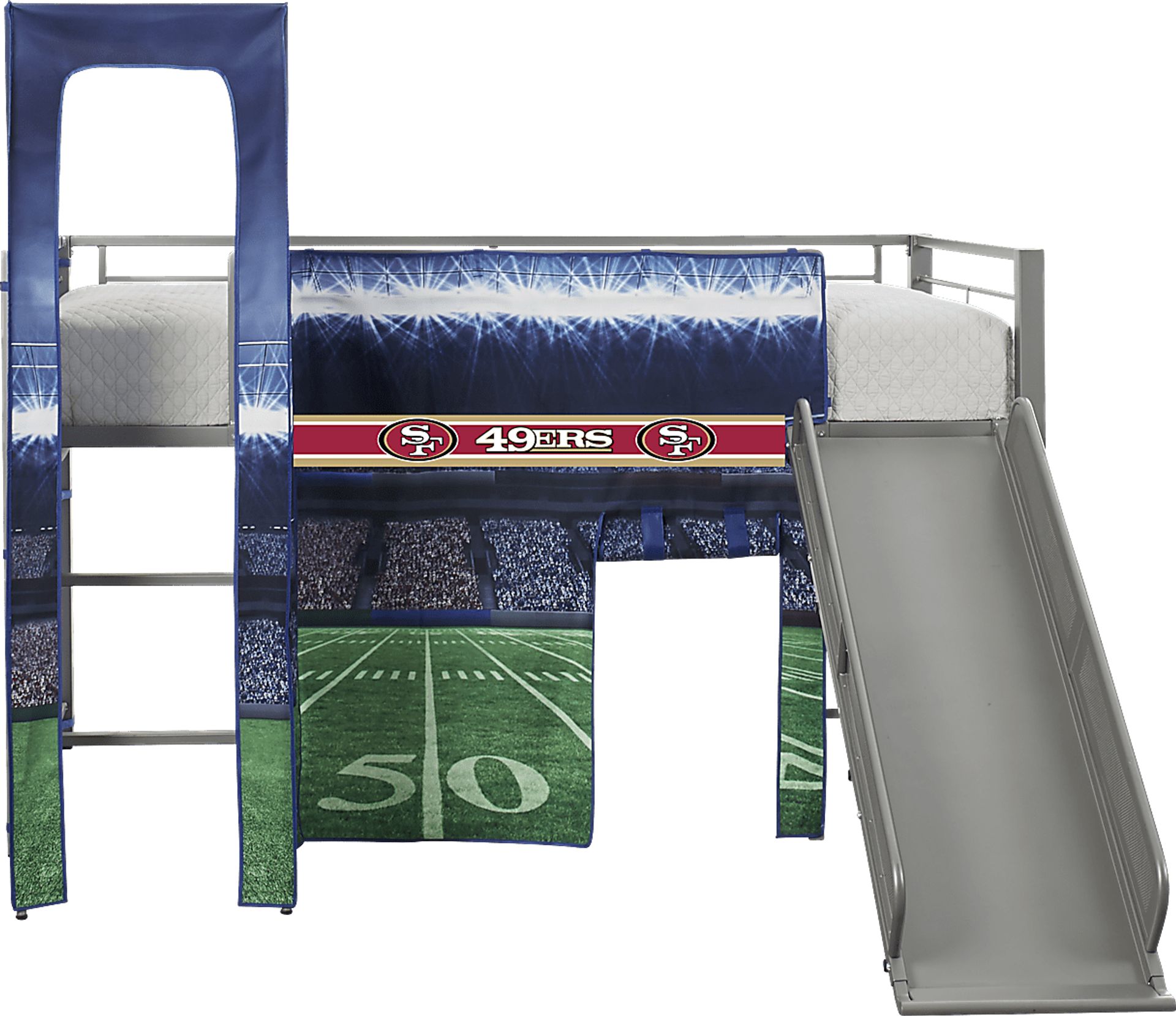 NFL 50 Yards San Francisco 49ers Silver Jr. Tent Loft Bed with Slide and Tower - Image 1