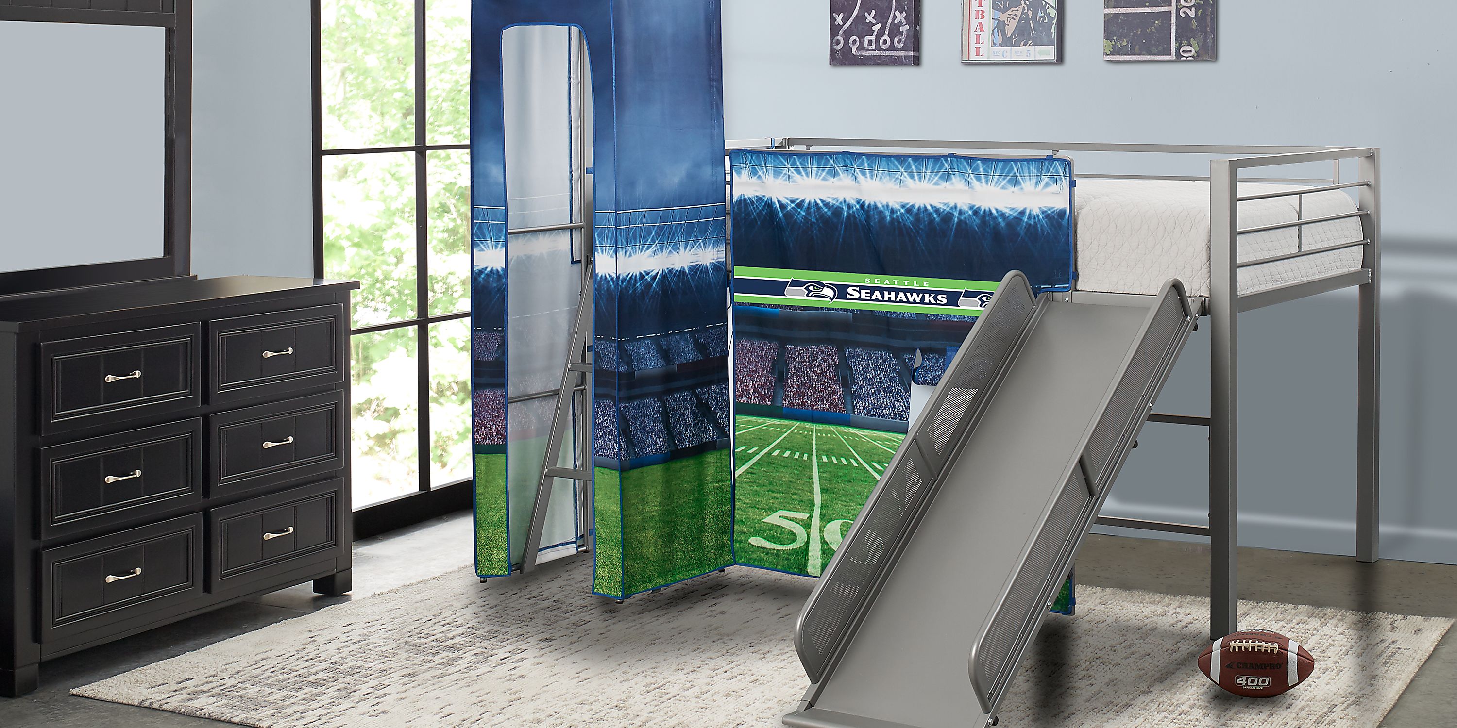 NFL 50 Yards Seattle Seahawks Silver Jr. Tent Loft Bed with Slide and Tower Rooms To Go