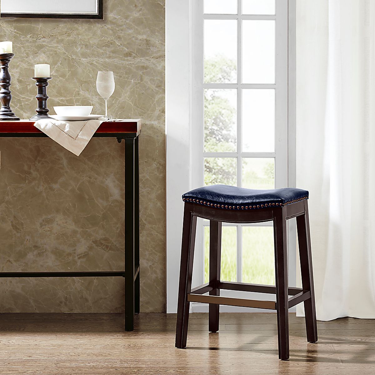 Nielan Espresso Dark Wood Navy Blue Counter Height Stool Rooms to Go