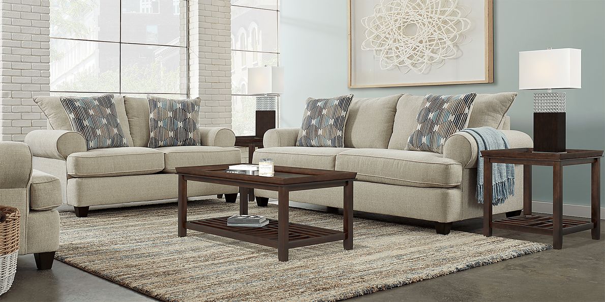 North Bay 7 Pc Linen Beige Chenille Fabric Living Room Set With Sofa ...