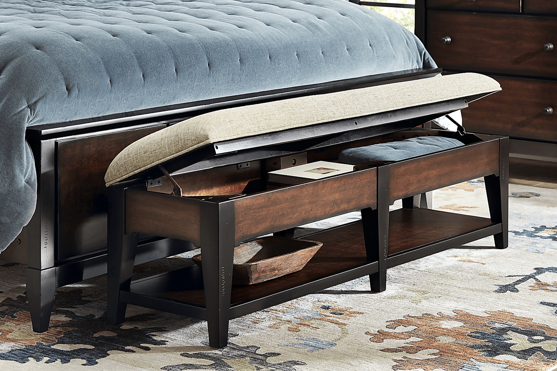 Northbrook Brown Cherry Upholstered Storage Bench - Image 5