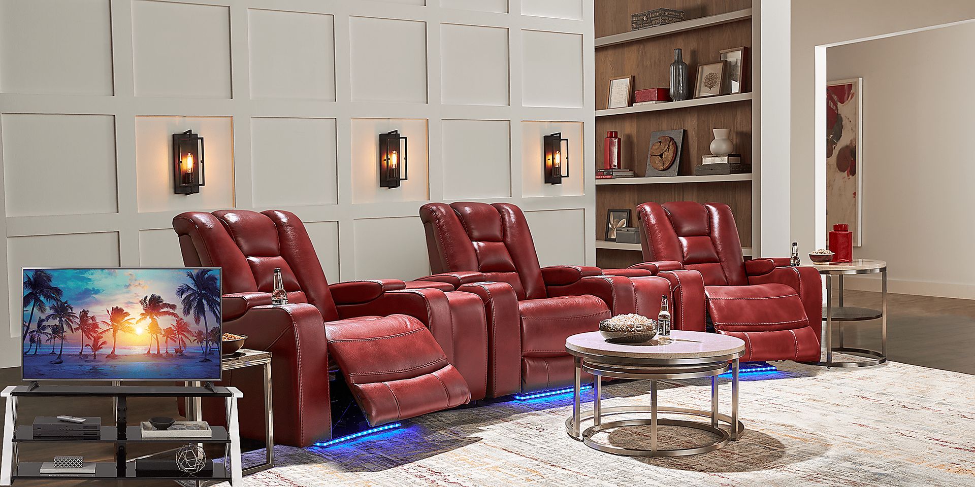 Novi Red 7 Pc Dual Power Reclining Home Theater Sectional Plus 70 in. TV - Image 1