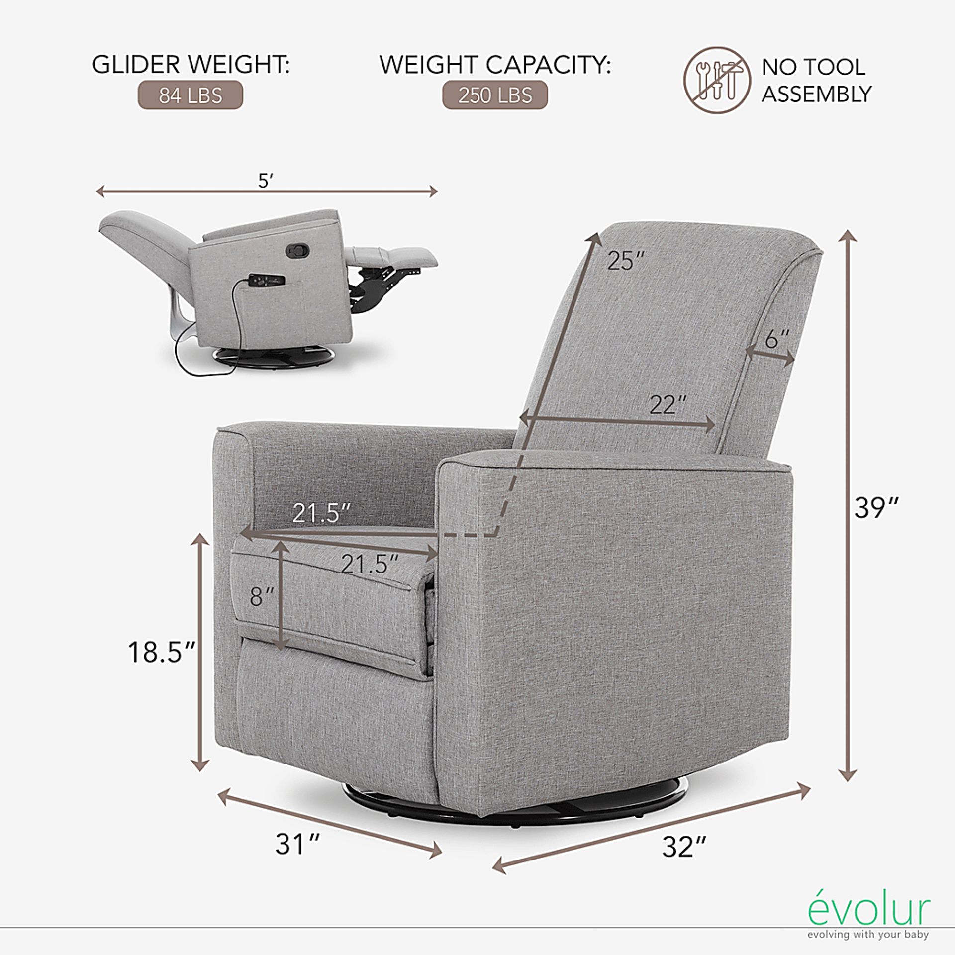 Nursery Daloair Light Gray Swivel Glider - Image 5