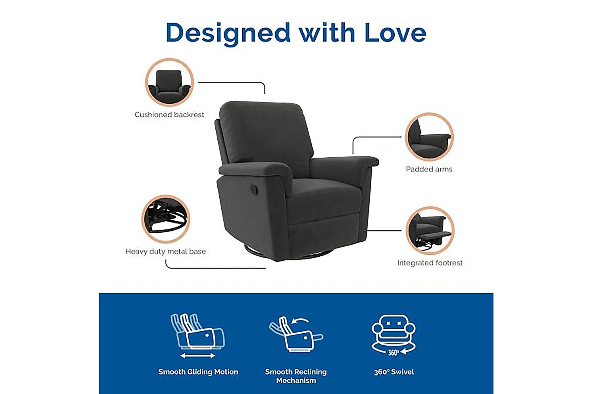 Nursery Diodi Black Swivel Recliner - Image 4