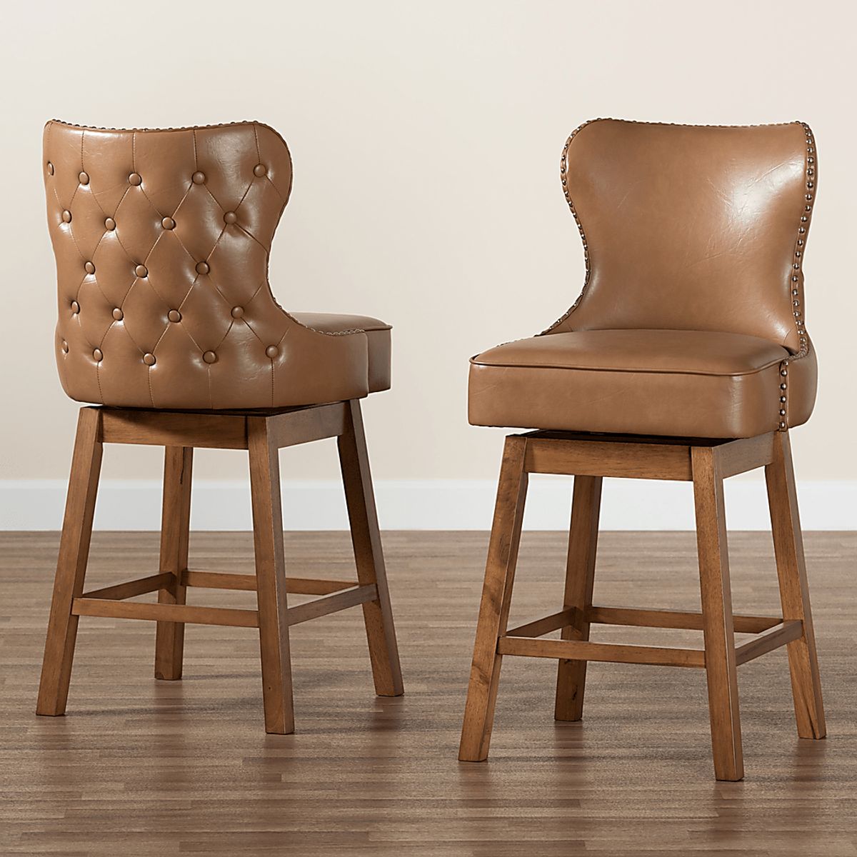 Nylic Tan Beige,Brown Faux Leather Fabric Counter Stool, Set Of 2 ...