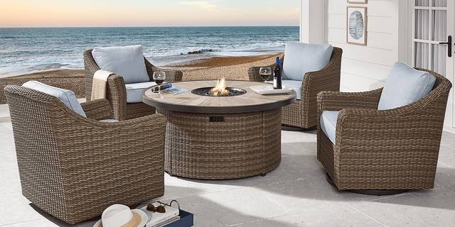 Oak Park Brown-Gray 5 Pc Outdoor Fire Pit Set with Blue Cushions - Thumbnail - Image 1