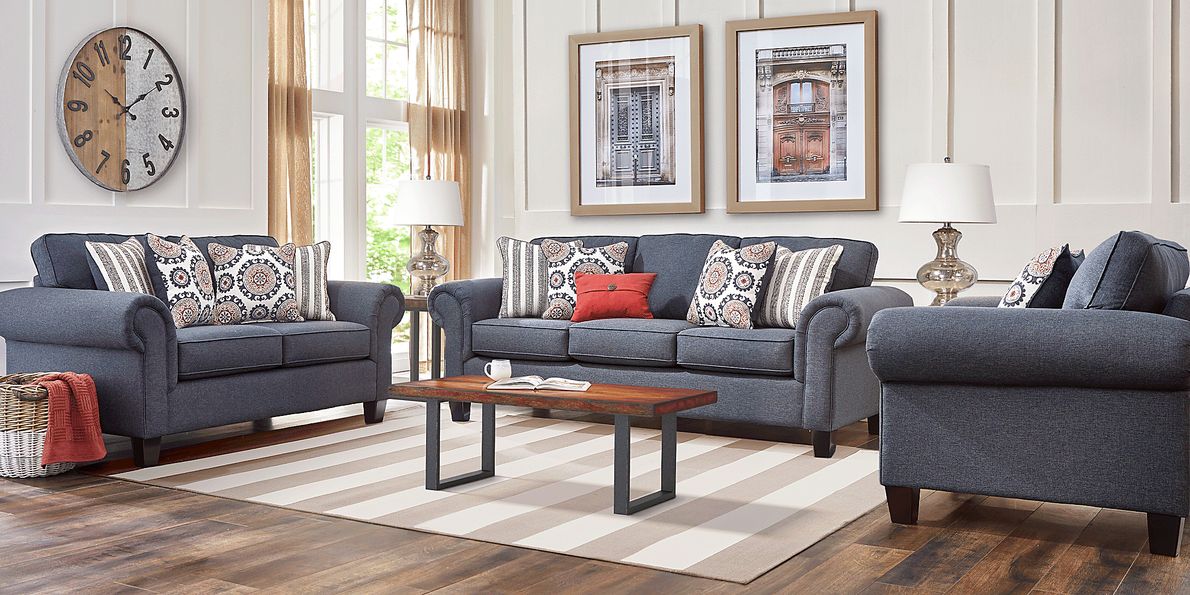 Oakhurst 5 Pc Denim Blue Polypropylene Fabric Living Room Set With Sofa Loveseat 3 Table Rooms To Go