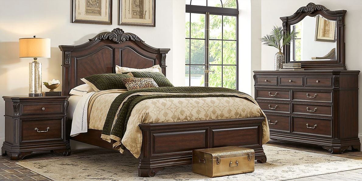 Oakmont 5 Pc Brown Cherry Dark Wood Queen Bedroom Set With Mirror, 3 Pc ...
