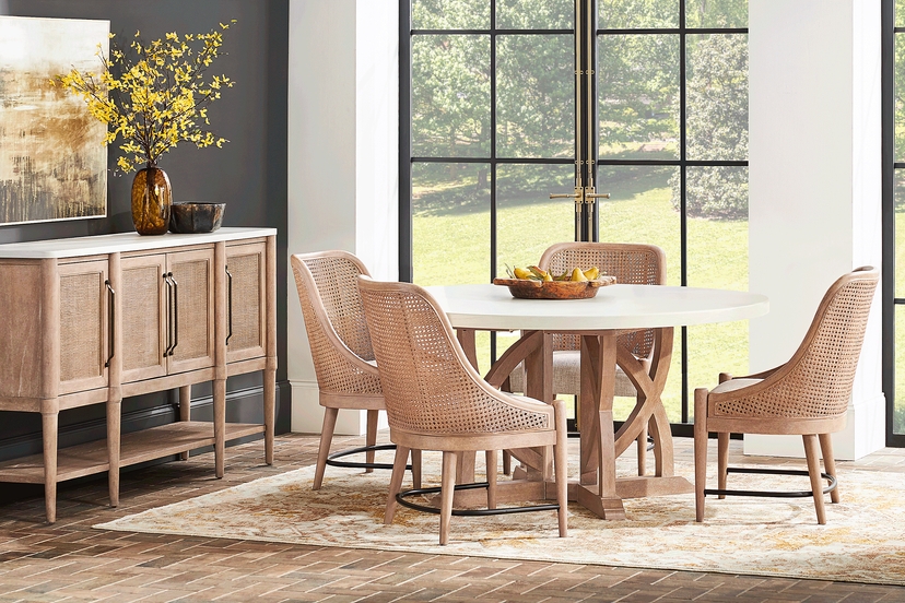 Oakwood Terrace Sand 5 Pc Round Dining Room with Cane Back Chairs