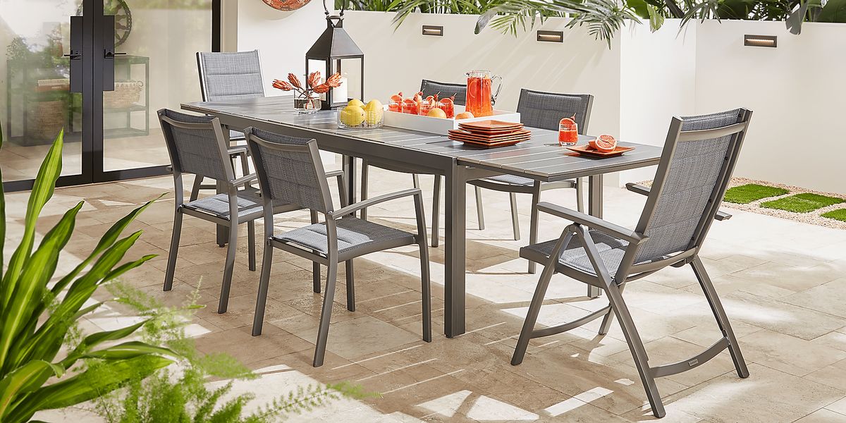 Ocean Tide 5 Pc Gray Aluminum Outdoor Dining Set With Dining Extension Table, Arm Chair Rooms
