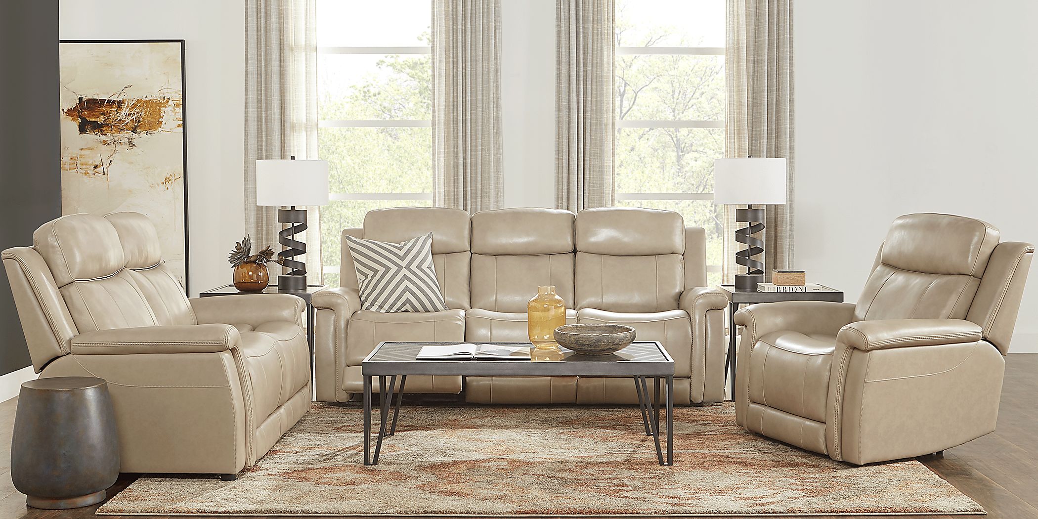 orsini beige leather dual power reclining sofa