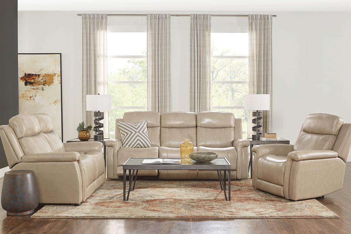 Orsini 3 Pc Beige Leather Dual Power Reclining Living Room Set With ...