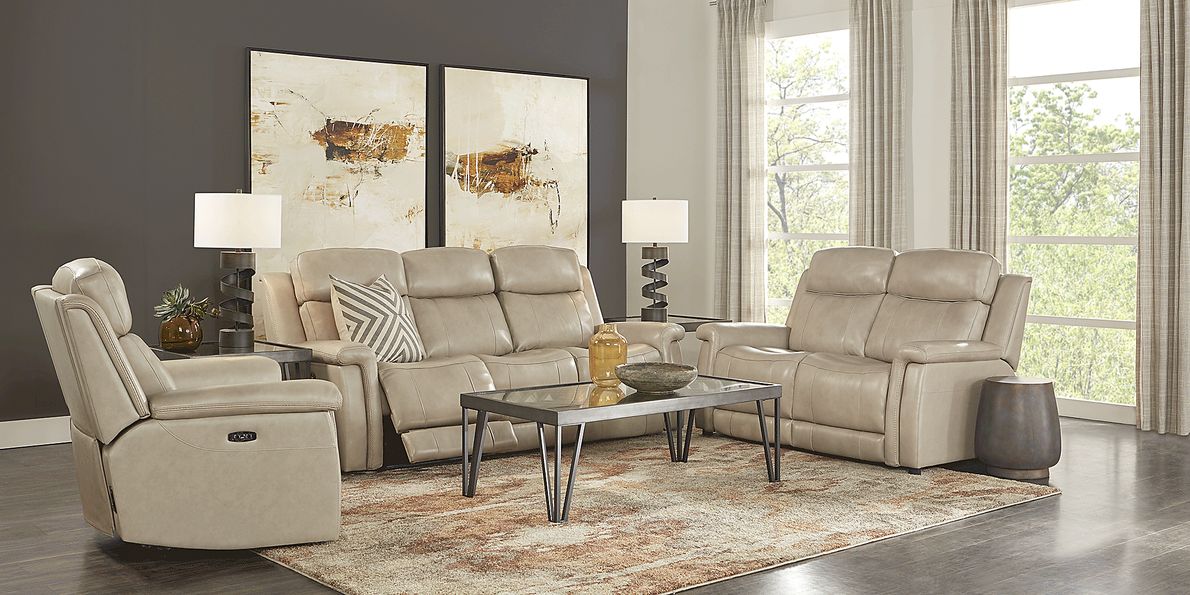 Orsini Beige Leather 5 Pc Living Room with Dual Power Reclining Sofa ...