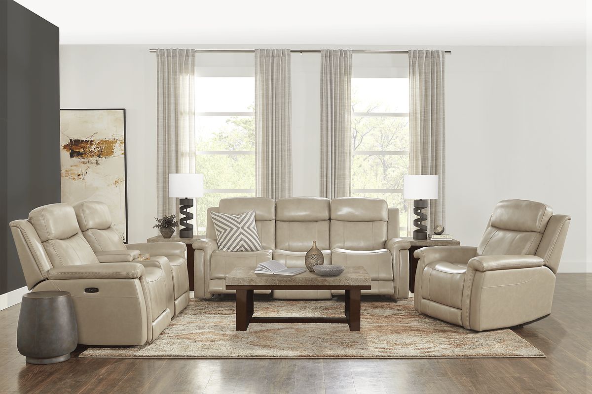 Orsini 7 Pc Beige Leather Dual Power Reclining Living Room Set With ...