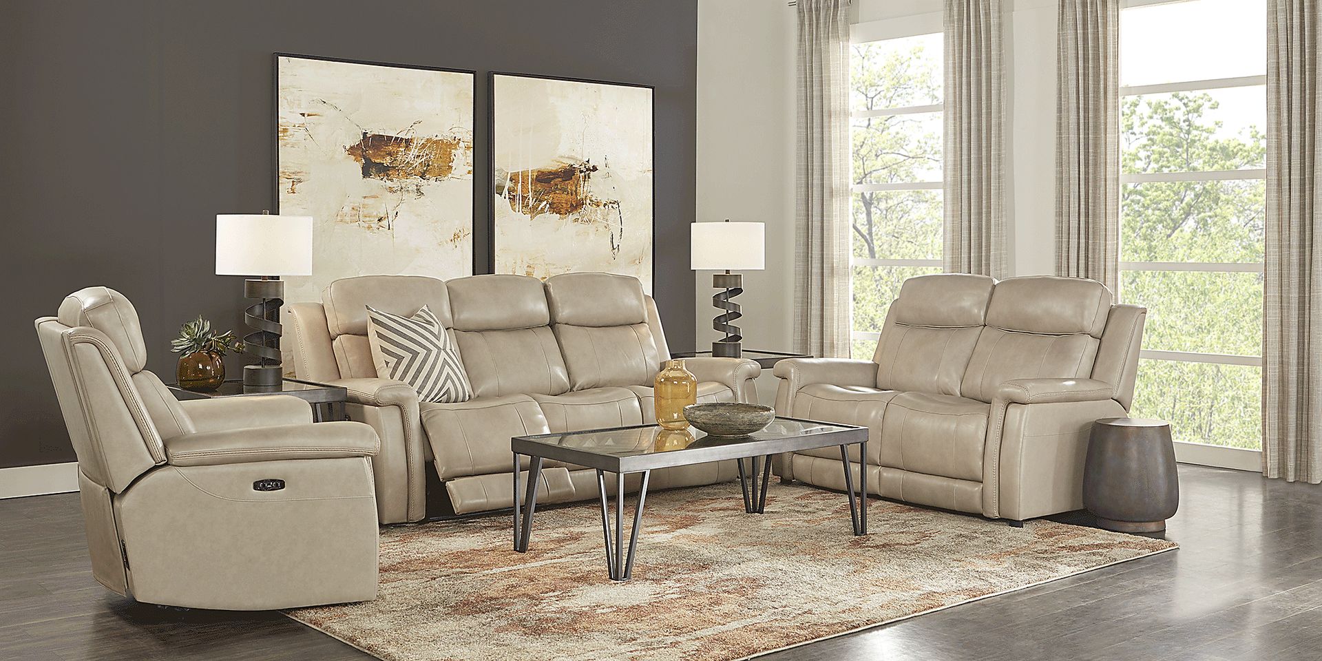 Orsini Beige Leather 7 Pc Living Room with Dual Power Reclining Sofa - Image 2