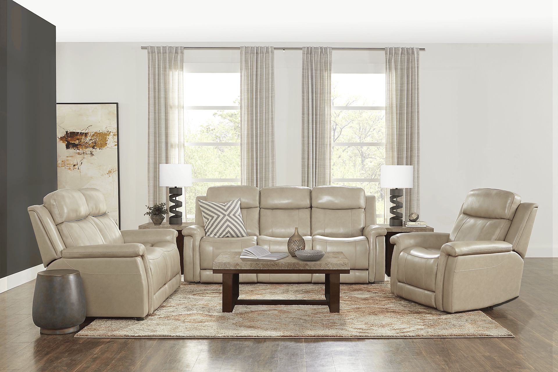Orsini Beige Leather 7 Pc Living Room with Dual Power Reclining Sofa - Image 1