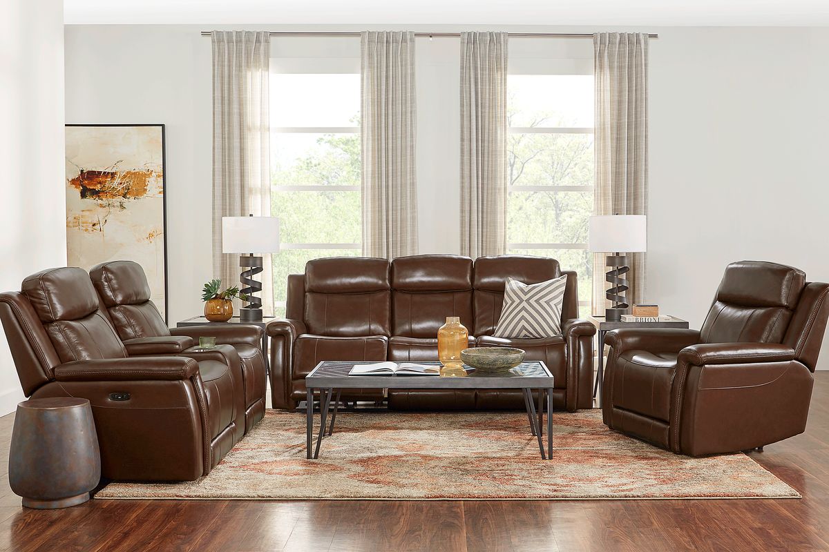 Orsini 3 Pc Brown Leather Dual Power Reclining Living Room Set With ...