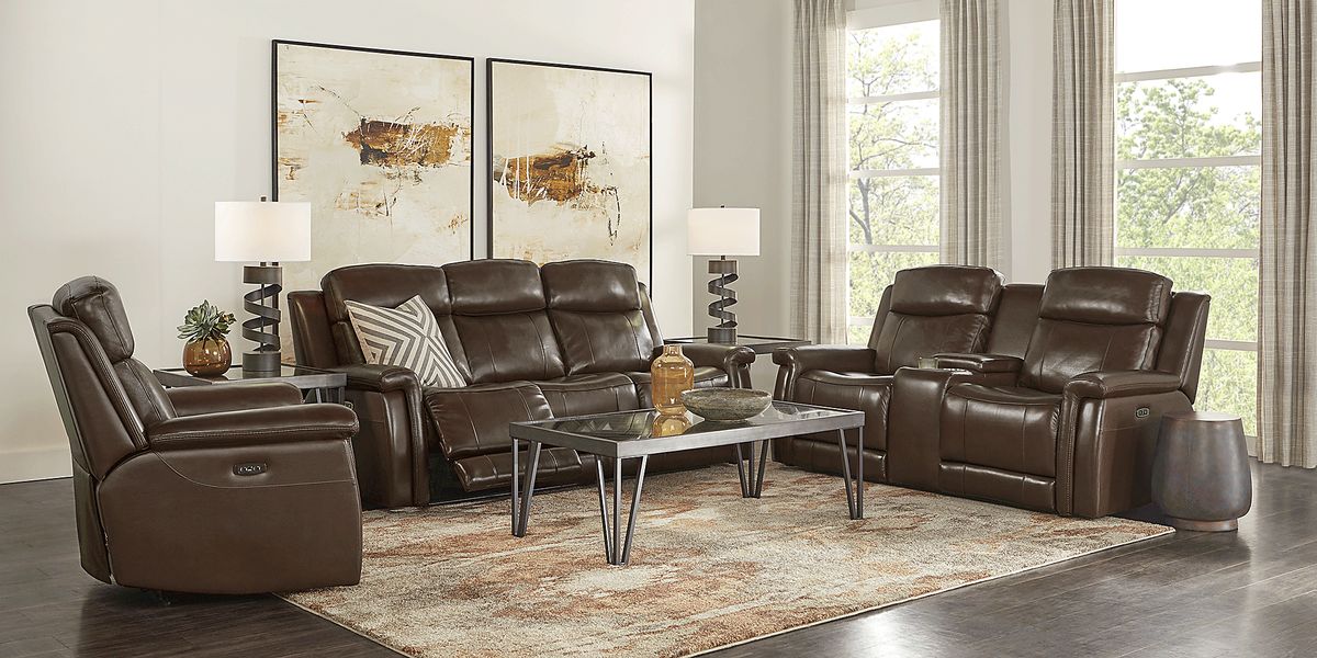 Orsini 7 Pc Brown Leather Dual Power Reclining Living Room Set With ...