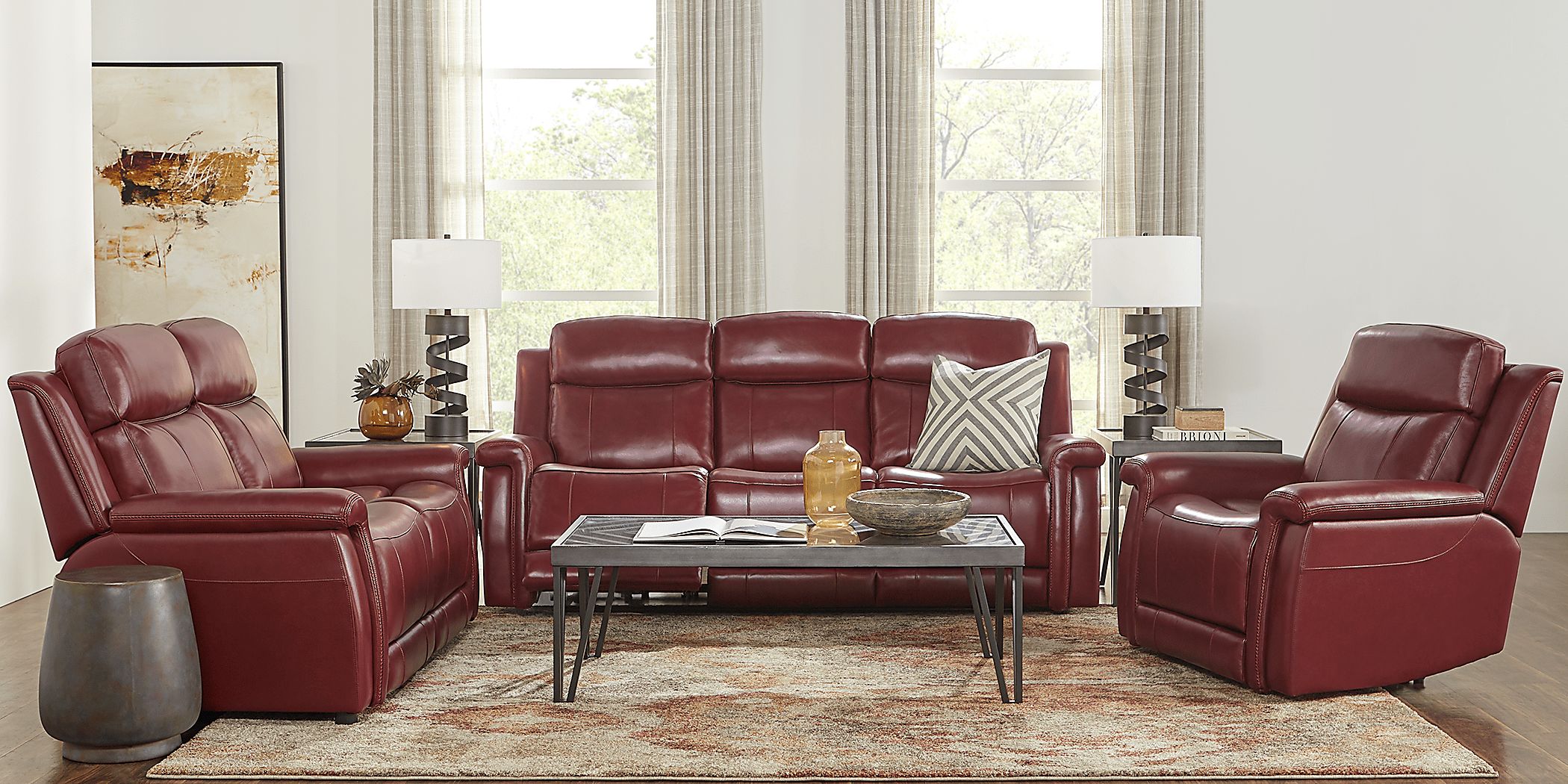 Orsini Red Leather 2 Pc Living Room with Dual Power Reclining Sofa