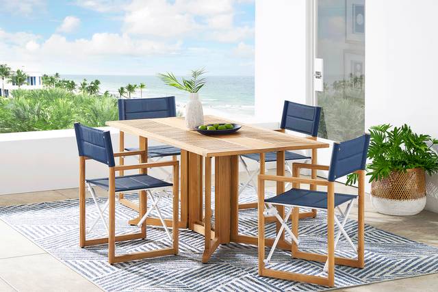 Oscar Natural 5 Pc Folding Outdoor Dining Set with Blue Chairs - Thumbnail - Image 1