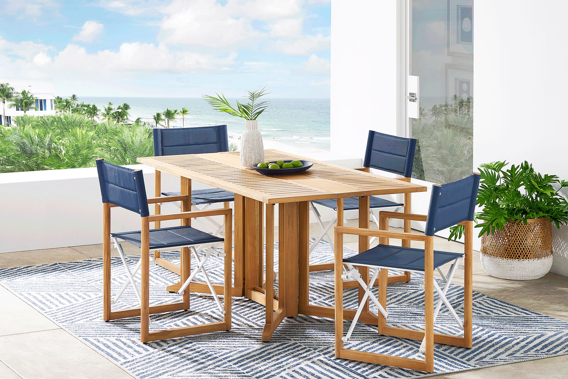 Oscar Natural 5 Pc Folding Outdoor Dining Set with Blue Chairs - Image 1