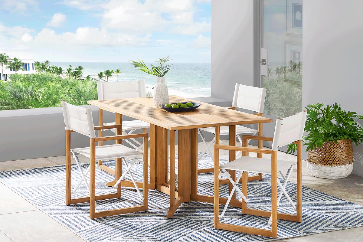 Oscar Natural 5 Pc Folding Outdoor Dining Set with White Chairs