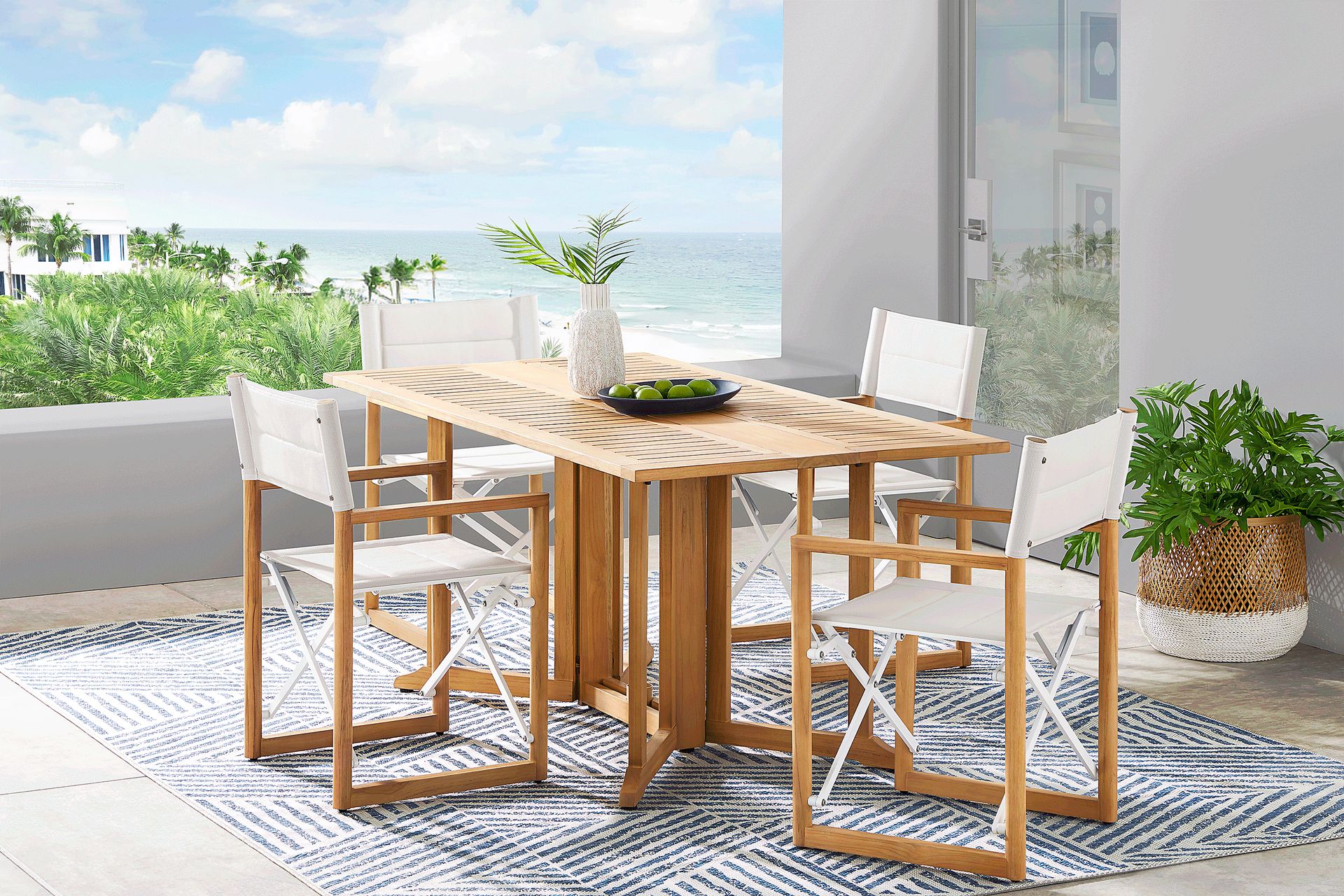 Oscar Natural 5 Pc Folding Outdoor Dining Set with White Chairs - Image 1