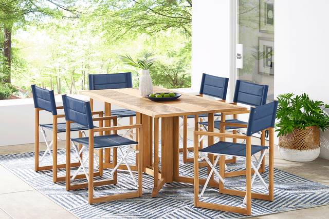Oscar Natural 7 Pc Folding Outdoor Dining Set with Blue Chairs - Thumbnail - Image 1