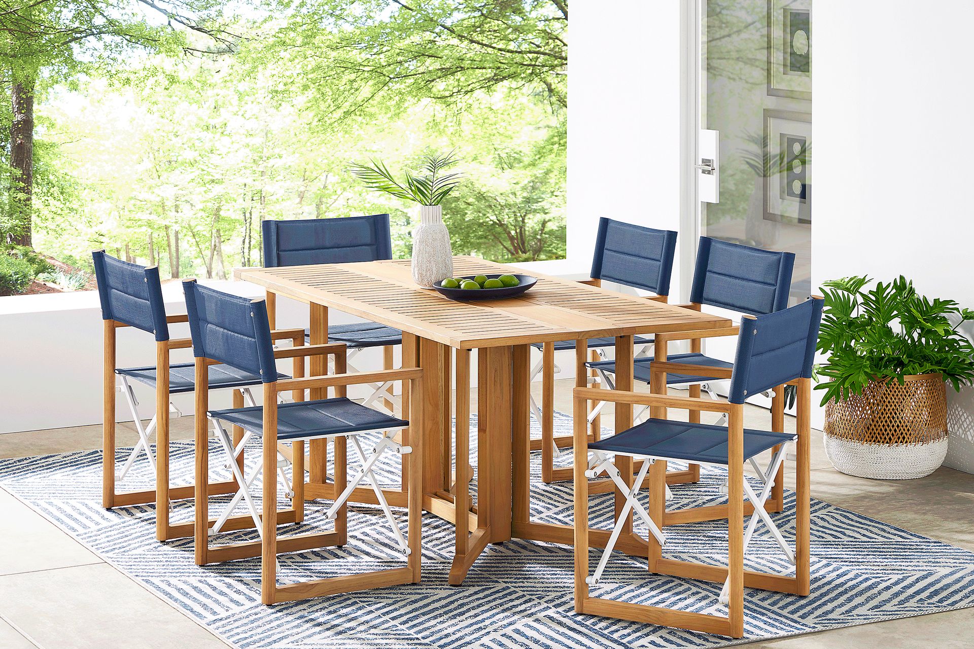 Oscar Natural 7 Pc Folding Outdoor Dining Set with Blue Chairs - Image 1
