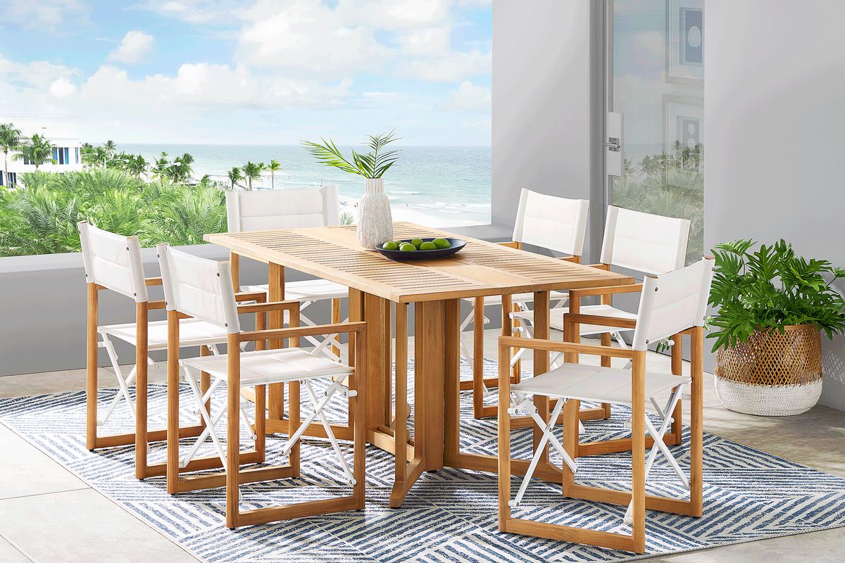 Oscar Natural 7 Pc Folding Outdoor Dining Set with White Chairs
